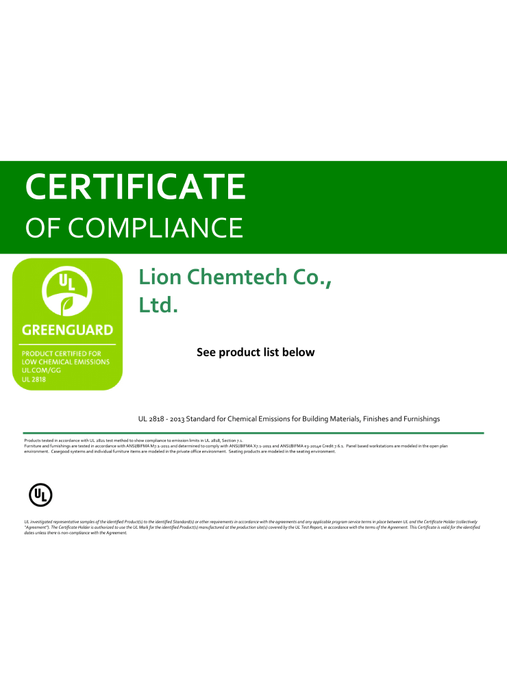 GRANDEX. Certificate de conformitate Greenguard și Greenguard Gold